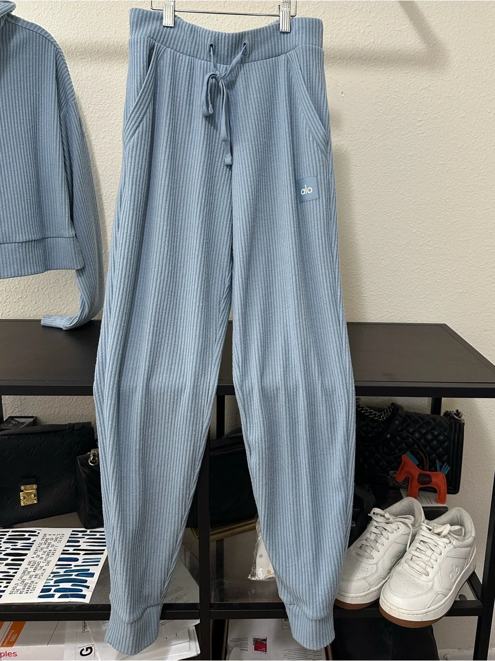 ALO Yoga Muse Ribbed Hoodie & Joggers Set in Light Blue